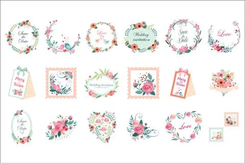 Vector set of beautiful floral frames, borders and labels. Save the date Stock Illustration
