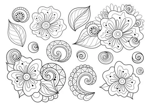 Vector Set of Beautiful Monochrome Flowers and Leaves Stock Illustration