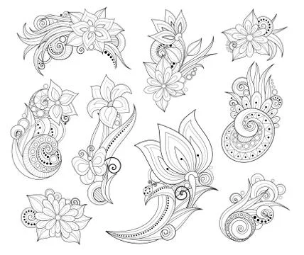 Vector Set of Beautiful Monochrome Flowers and Leaves Stock Illustration