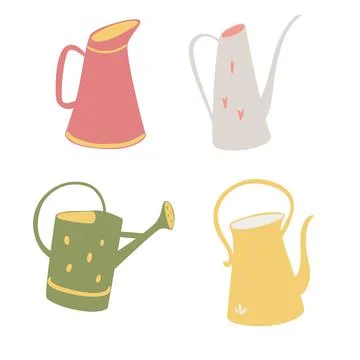 Vector set of beautiful watering cans. Spring gardening concept. Cartoon hand Stock Illustration