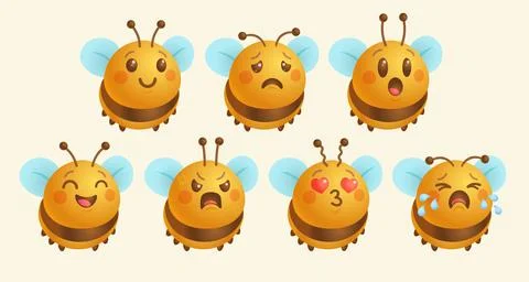 Vector set of bee emoji in cute kawaii realistic style. Vector bee in 3D st.. Illustrazione stock