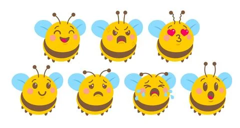 Vector set of bee emoji in cute kawaii flat design style. Vector bee in fla.. Illustrazione stock