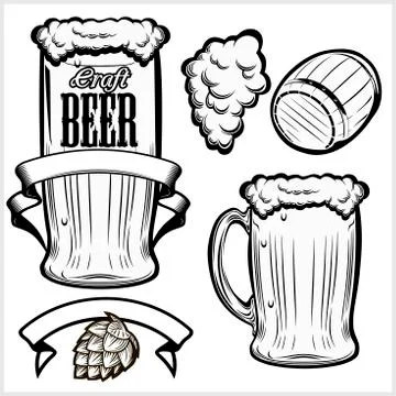 Vector set of beer glasses and mugs in hand drawn style. isolated on white. Stock Illustration