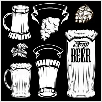 Vector set of beer glasses and mugs in hand drawn style. isolated on black. Stock Illustration
