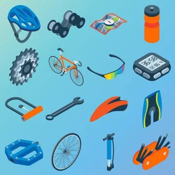 Vector set of bicycle parts isolated isometric icons. Bicycle objects and design Illustrazione stock