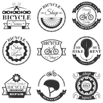 Vector set of bicycle repair shop labels and design elements in vintage black 스톡 일러스트