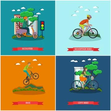 Vector set of bicycle types concept posters in flat style Stock Illustration