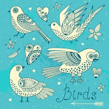 Vector set birds and hearts. Illustrazione stock