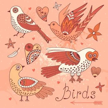 Vector set birds and hearts. Stock Illustration