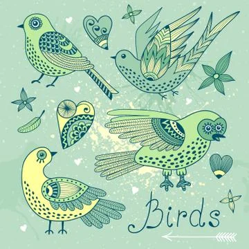 Vector set birds and hearts. Stock Illustration