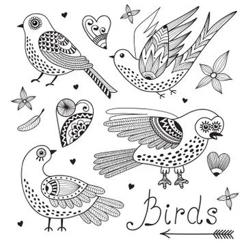 Vector set birds and hearts. Stock Illustration