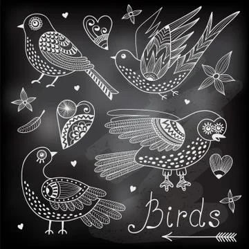 Vector set birds and hearts. Stock Illustration