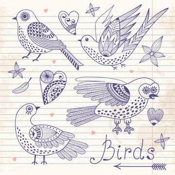 Vector set birds and hearts. Stock Illustration