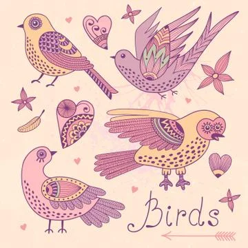 Vector set birds and hearts. Stock Illustration