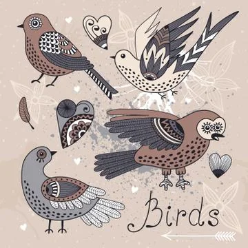 Vector set birds and hearts. Stock Illustration