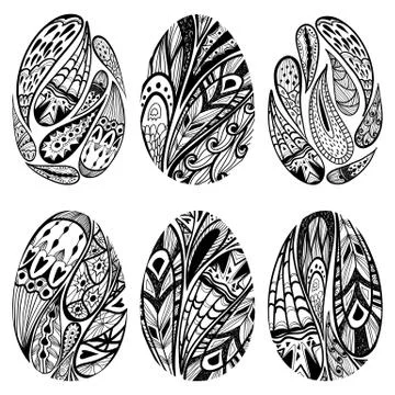 Vector set  of black-and-white easter eggs decorated with paisley ornament. Stock Illustration