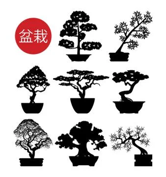 Vector set of black and white bonsai trees Stock Illustration