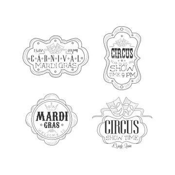 Vector set of black and white emblems for circus and Mardi Gras carnival. Hand Stock Illustration