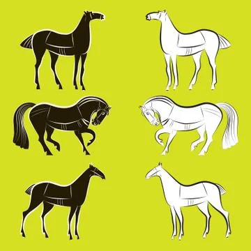 Vector set of black and white horses silhouettes Stock Illustration
