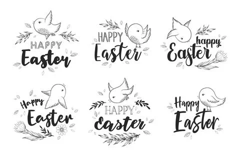Vector set of black and white hand drawn Happy Easter letterings with flowers Stock Illustration