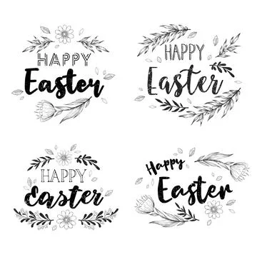 Vector set of black and white hand written Happy Easter letterings with flowe Stock Illustration