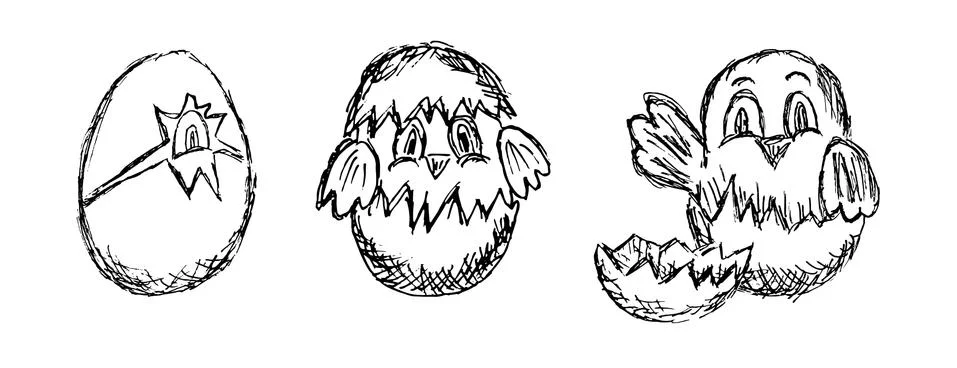 Vector set of black and white grunge sketches of nestlings in eggshell Stock Illustration