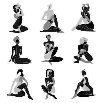 Vector set with black and white illustrations of silhouette woman body Stock Illustration