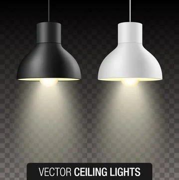 Vector set of black and white turned on pendant ceiling lights, isolated on Stock Illustration