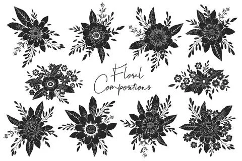 Vector set of black and white floral compositions from hand drawn flowers and Stock Illustration