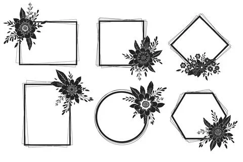 Vector set of black and white frames with hand drawn flowers, leaves and bran Stock Illustration