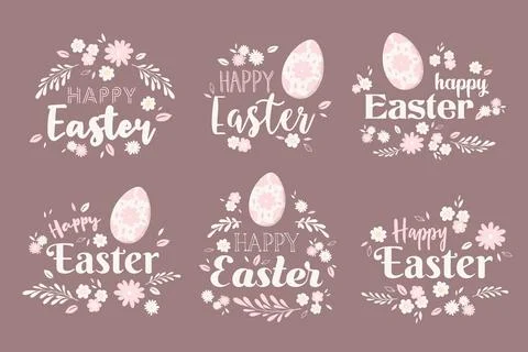 Vector set of black and white hand drawn Happy Easter letterings with flowe.. Stock Illustration