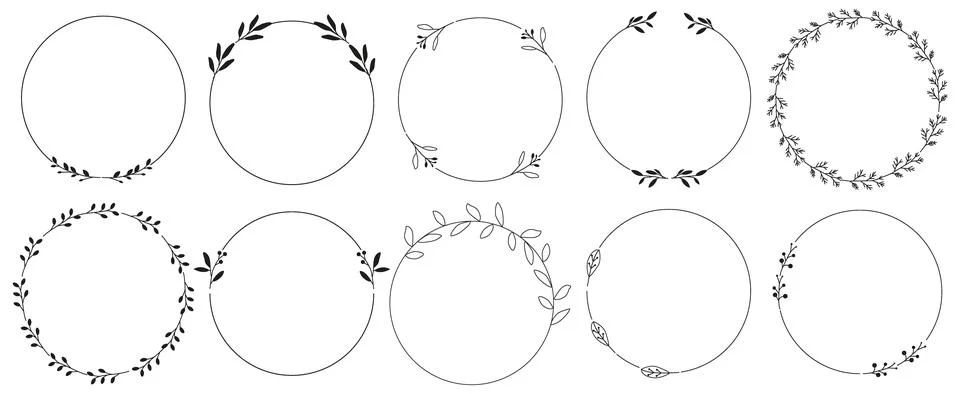 Vector set of black branches with leaves in a circle. A collection of wreaths Stock Illustration