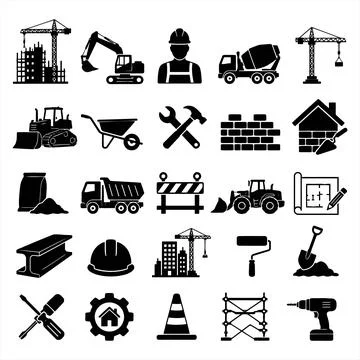 Vector Set of Black Construction and Building Icons with Heavy Machinery an.. イラスト素材