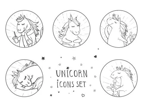 Vector set of black icons with hand drawn cute unicorns.  Stock Illustration