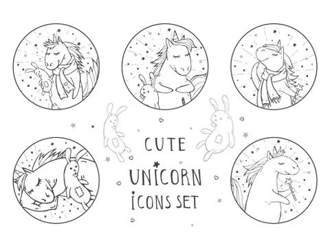 Vector set of black icons with hand drawn cute unicorns.  Stock Illustration