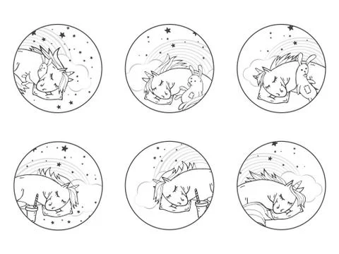 Vector set of black icons with hand drawn cute unicorns.  Stock Illustration