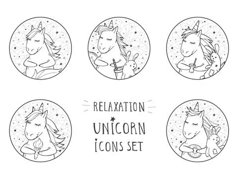 Vector set of black icons with hand drawn cute unicorns. Text - RELAXATION on Stock Illustration