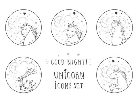 Vector set of black icons with hand drawn cute unicorns. Text - GOOD NIGHT! Stock Illustration