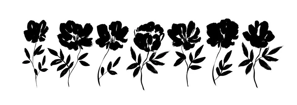 Vector set of black ink drawing wild flowers. Stock Illustration