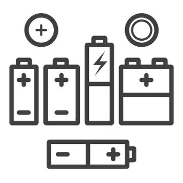 Vector Set of Black Outline Icons of Different Types Batteries Stock Illustration