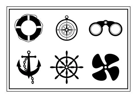 Vector set of black realistic nautical icons Stock Illustration