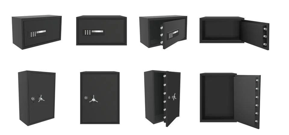 Vector set of black safe box isolated on white background. Realistic 3d objects Illustrazione stock