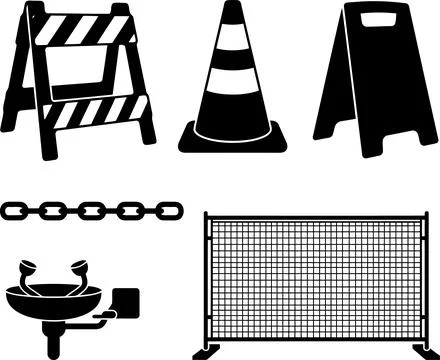 Vector set of black silhouette construction warning barriers, traffic cone,.. 스톡 일러스트