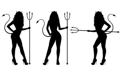 Vector set of black silhouette of a devil girl Illustrazione stock