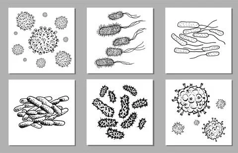 Vector Set of black sketch bacteria isolated on white backgtound. Microbe in Stock Illustration