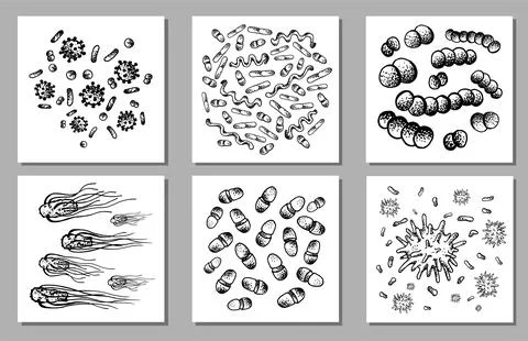 Vector Set of black sketch bacteria isolated on white backgtound. Microbe in Illustrazione stock