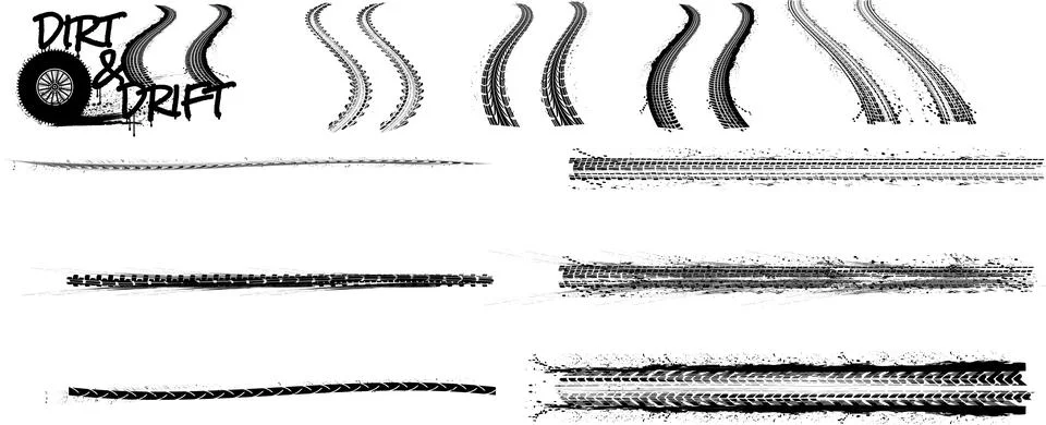 Vector set of black tire tracks, dirty wheel marks and drift elements 스톡 일러스트