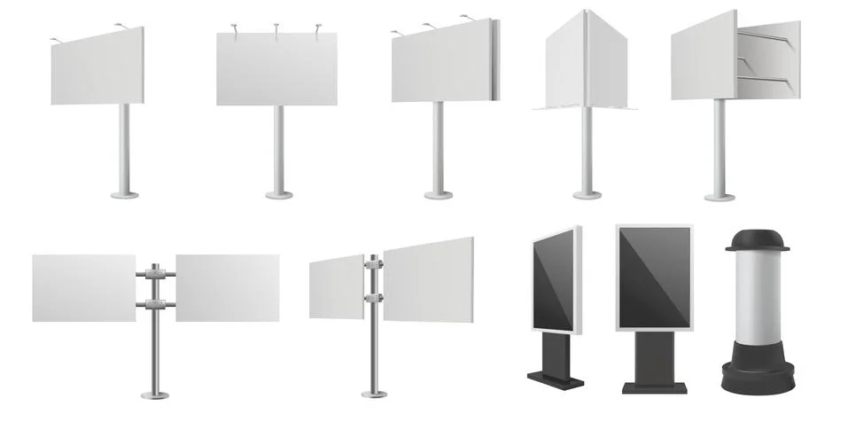 Vector set of blank billboard 3d models isolated on white background. Outdoor Stock Illustration