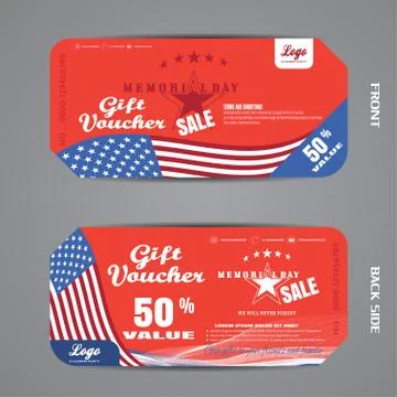 Vector set of blank gift voucher of Memorial Day Sale on the red background.. Stock Illustration