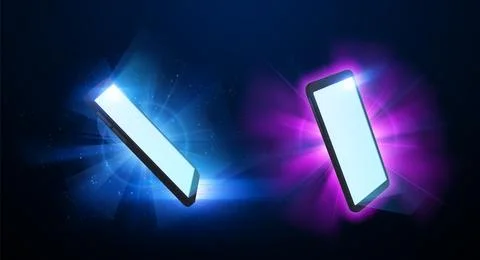 Vector set of blank mobile phone screens on glowing neon bright rays background. Illustrazione stock